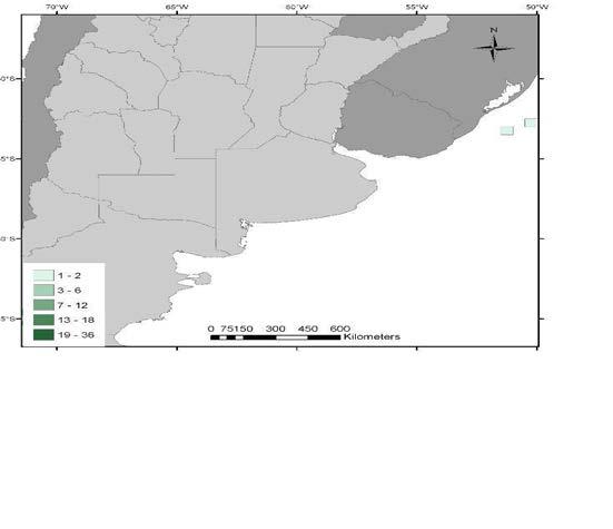 A B C D Figura 9. Uso de hábitat estacional de tortuga laúd en el Atlántico Sudoccidental. Las áreas de uso están definidas en tiempo (días) para celdas de 0,5 x 0,5.