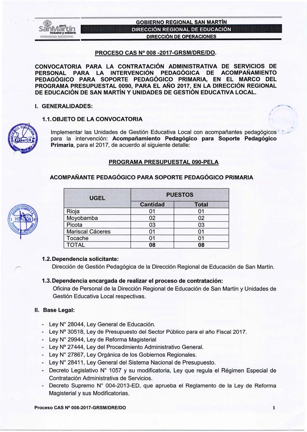 DIRECCIÓN REGIONAL DE EDUCACIÓN DIRECCIÓN DE O PERACIONES PROCESO CAS N 008-2017-GRSM/DRE/DO.