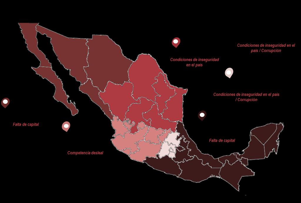 ÍNDICE MEXICANO DE CONFIANZA ECONÓMICA JUNIO El texto de color rojo en el mapa indica el principal obstáculo al que las empresas se enfrentan de acuerdo a la percepción de los encuestados de cada