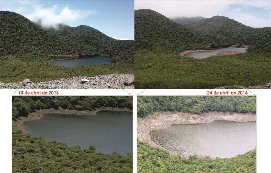 23 Figura 23: descenso del nivel en la laguna Jilgueros entre abril de2013 y abril de 2014. Fotografías de Raúl Mora-Amador y Yemerith Alpízar.