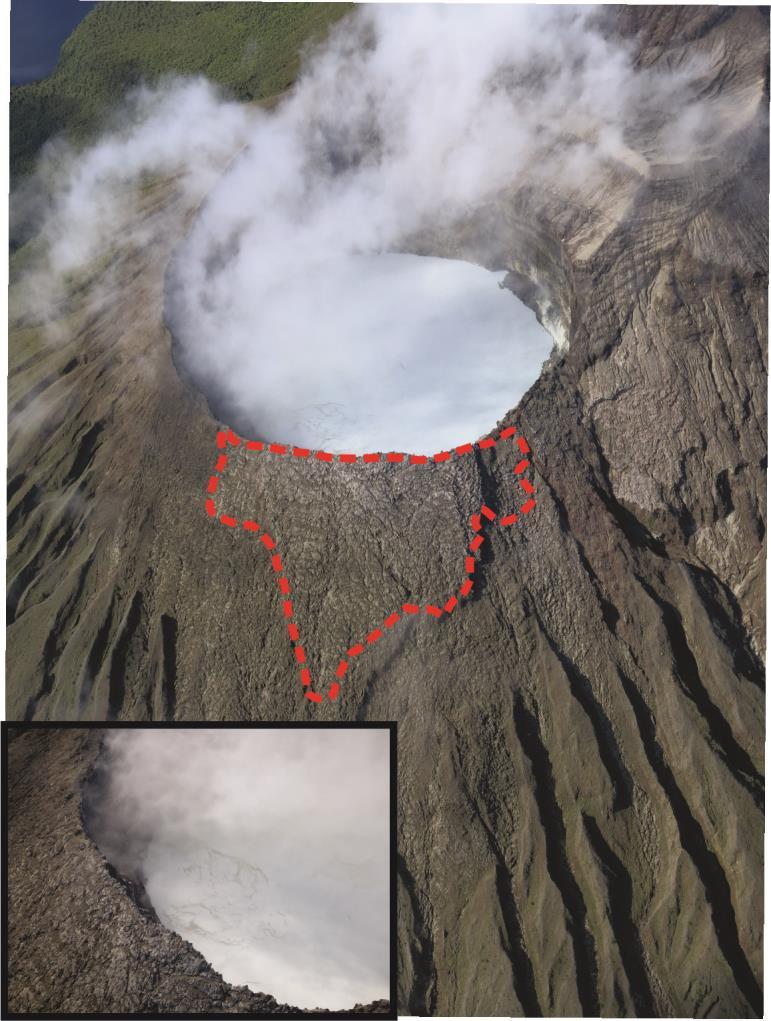 depósitos de las erupciones recientes, los cuales cubrieron algunos centenares de metros cuadrados del sector Noreste del cráter activo, la coloración grisácea de estos depósitos confirma que las