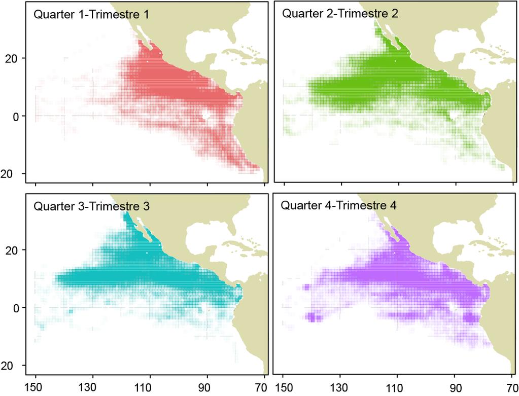 Figuras FIGURE 1. Geographic distribution of the CPUE observations of purse-seine vessels that made more than 75% of their sets on tunas associated with dolphins, by quarter, 1975-2016. FIGURA 1.