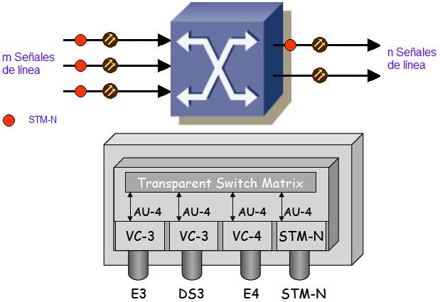 4 Cross conector digital: También se conoce como DXC. Es un dispositivo multi puerto. Es de hecho una matriz de cross-conexión cuya función principal es cross-conectar señales STM-N. Ver Figura 1.3.