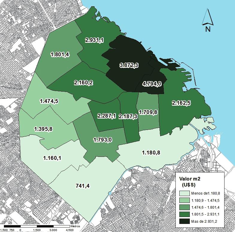 Mapa 1.9 Precio promedio de los terrenos por comuna. 2016. Fuente: Secretaría de Planeamiento, Ministerio de Desarrollo Urbano, GCBA.
