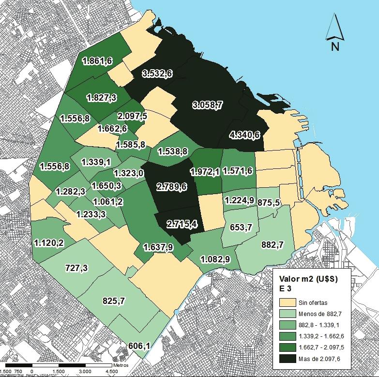 14 Precio promedio por barrio en el distrito equipamiento E3, Ciudad de Buenos Aires.