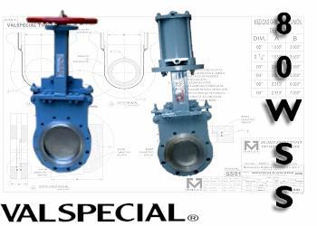 Válvula de Cuchilla VALSPECIAL Serie 80WSS Cuerpo fabricado en acero estructural desde 2" hasta 48. Fluidos limpios, corrosivos, ácidos, etc.