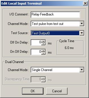 15 6. Establezca I/O Comment en Relay Feedback. Éste se usará como un solo canal que usará una prueba de impulso. Establezca Channel Mode en Test pulse from test out. 7.