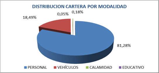DISTRIBUCION CARTERA POR MODALIDAD MODALIDAD VALOR $ PARTICIPACION PERSONAL 11.681 81,28% VEHÍCULOS 2.