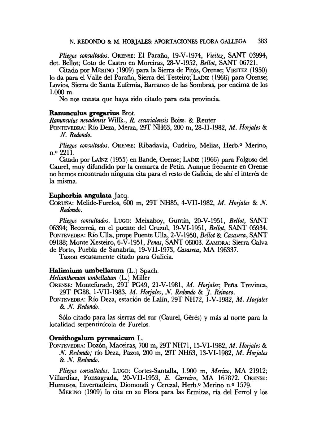 N. REDONDO & M. HORJALES: APORTACIONES FLORA GALLEGA 383 Pliegos consultados. ORENSE: El Paraño, 19-V-1974, Vieitez, SANT 03994, det. Bellot; Coto de Castro en Moreiras, 28-V-1952, Bellot, SANT 06721.