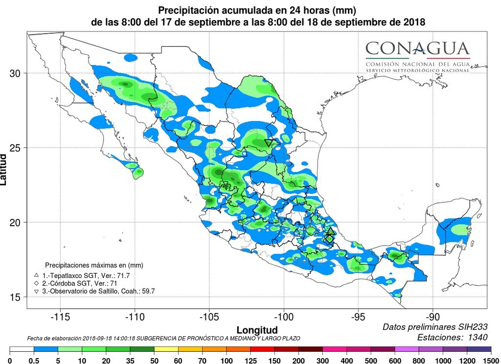 Reporte Meteorológico para la Agricultura No. Aviso: 181 Ciudad de México a 18 de Septiembre del 2018.