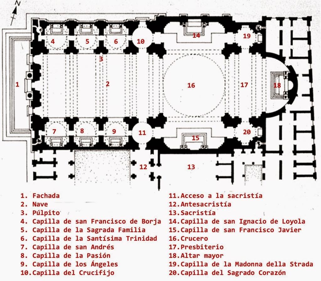 Podrás comprobar en el interior el seguimiento que se hace de la planta de San Andrés de Mantua (Alberti), si bien el papel de la cúpula es diferente.