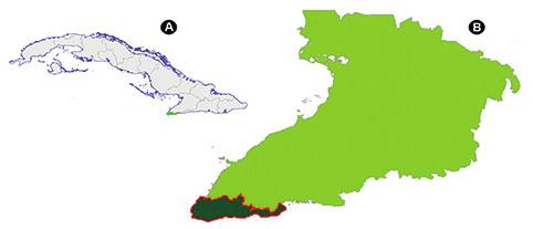 Figura 1. A: Localización del Parque Nacional Desembarco del Granma (PNDG) al suroriente de Cuba; B: Acercamiento del PNDG en la provincia Granma.
