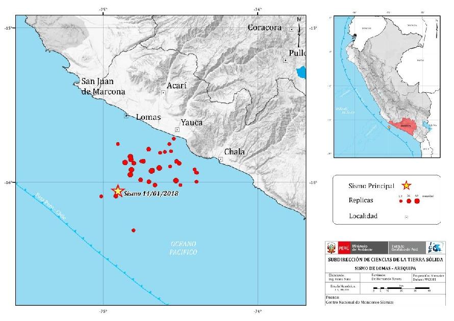2.3.- Réplicas Según la Figura 5, el sismo de Lomas - Yauca fue seguido, en las primeras 72 horas, por más de 35 réplicas cuyos epicentros se distribuyen espacialmente entorno al epicentro del evento