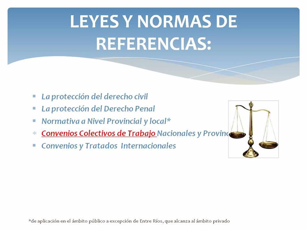 LEYES Y NORMAS DE REFERENCIAS: La protección del derecho civil La protección del Derecho Penal Normativa a Nivel Provincial y local* Convenios Colectivos de Trabajo