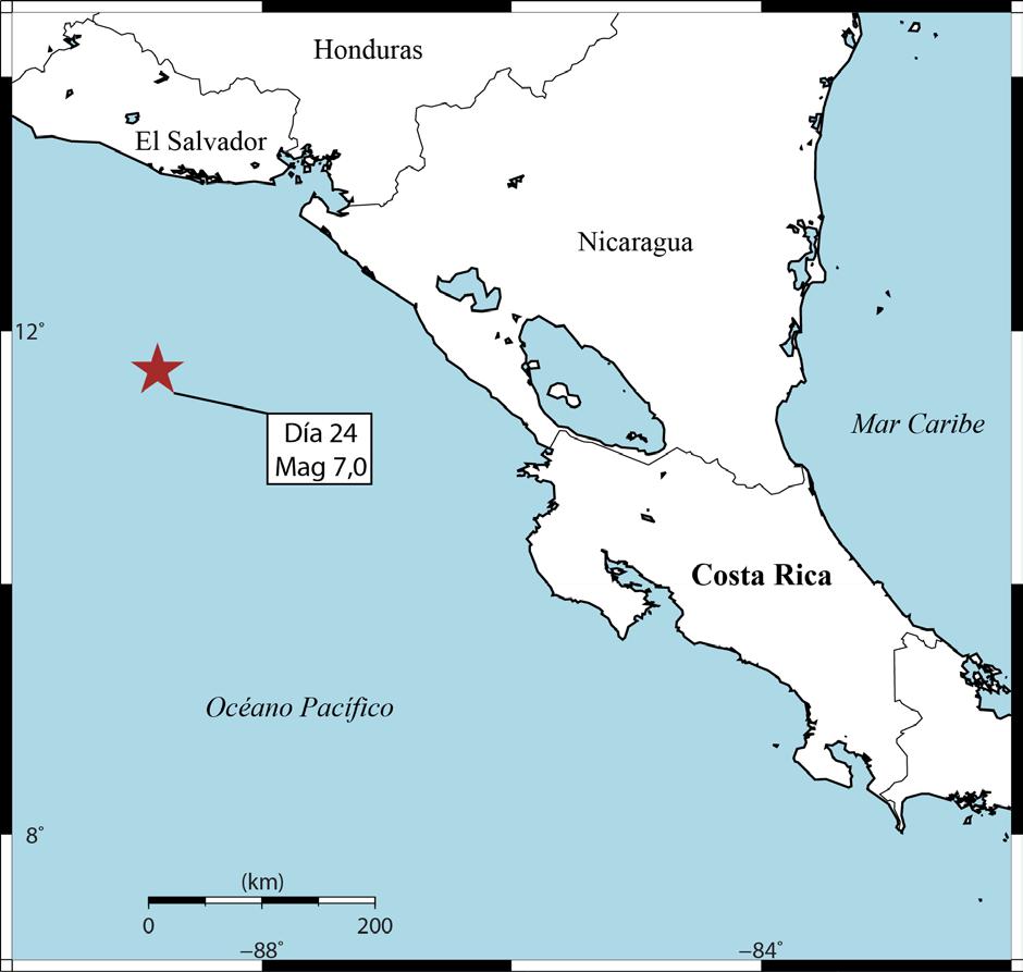 Figura 4: Sismo ocurrido el 24 de noviembre, de Mw 7,0 y ubicado en la costa pacífica de El Salvador. Este sismo fue sentido en gran parte del territorio costarricense.
