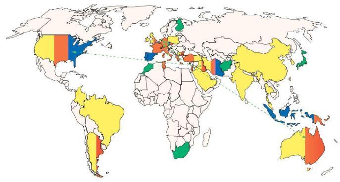 INTRODUCCIÓN Figura 3. Distribución geográfica y caracterización genética de A. baumannii carbapenem-resistente. Países reportando brotes de A.