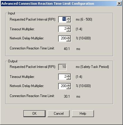 Haga clic en Advanced para configurar el intervalo de paquete solicitado (RPI) y el límite del tiempo de reacción de la conexión (CRTL).