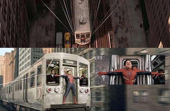 Spiderman utiliza su telaraña para salvar un tren que está fuera de control.