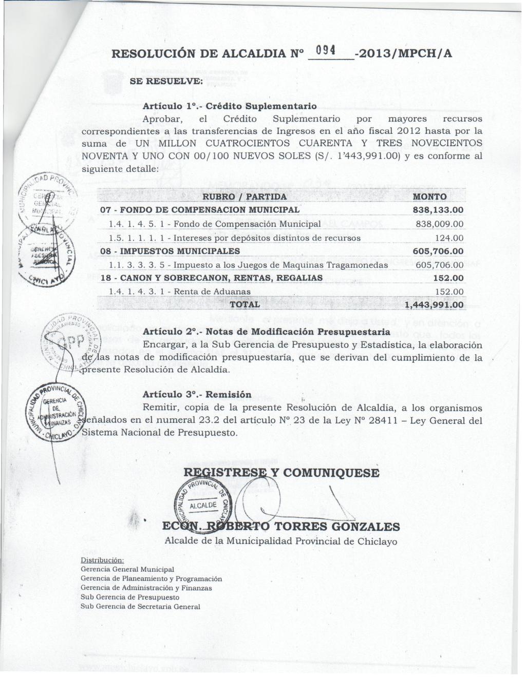 RESOLUCIÓN DE ALCALDIA N 094-2013/MPCH/ A SE RESUELVE: Artículo 1.