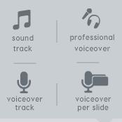 deberíamos ir al menú y seleccionar sound. Las opciones que más nos interesan son sound track y voiceover per slide.