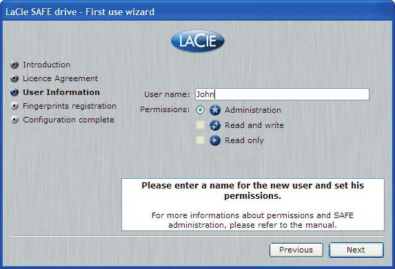 5. Configuración de la unidad LaCie SAFE página 17 Fig. 5.2.4 Información de usuario para Windows Fig. 5.2.5 Información de usuario para Mac 3.