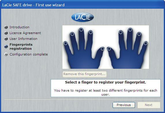 5. Configuración de la unidad LaCie SAFE página 18 5.3. Registro de las huellas dactilares de los usuarios Fig. 5.3.1 Inicio del registro de una huella dactilar en Windows Fig.