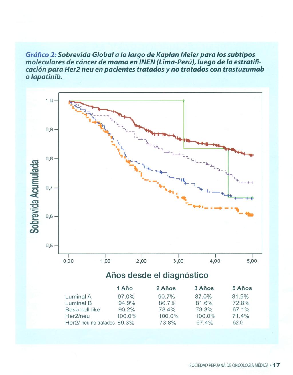 Gráfico 2: Sobrevida Global a lo largo de Kaplan Meier para los subtipos moleculares de cáncer de mama en INEN (Lima-Perú), luego de la estratificación para Her2 neu en pacientes tratados y no