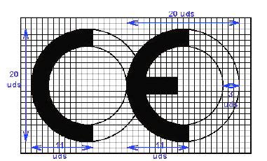 Las letras del símbolo CE se realizan de acuerdo con las especificaciones del dibujo adjunto (debe tener una dimensión vertical apreciablemente igual que no será inferior a 5 milímetros).