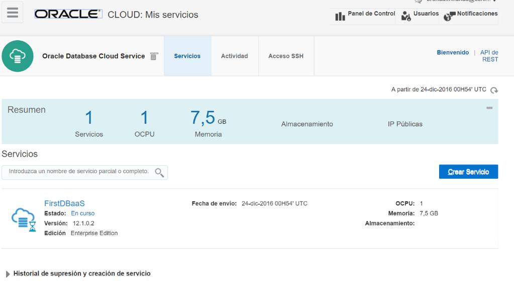 Consola De Oracle Database Cloud Service 1.