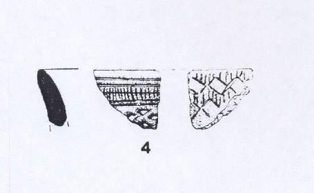 Nº 4.- Fragmento de borde y cuello de vasija campaniforme.- Su grosor medio de pared es de 5 mm. La técnica decorativa es incisa e impresa.