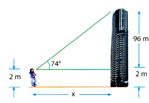 - Una persona de m de estatura está frente a un rascacielos de 98 m de altura divisando la parte más alta con un ángulo de elevación de 74.