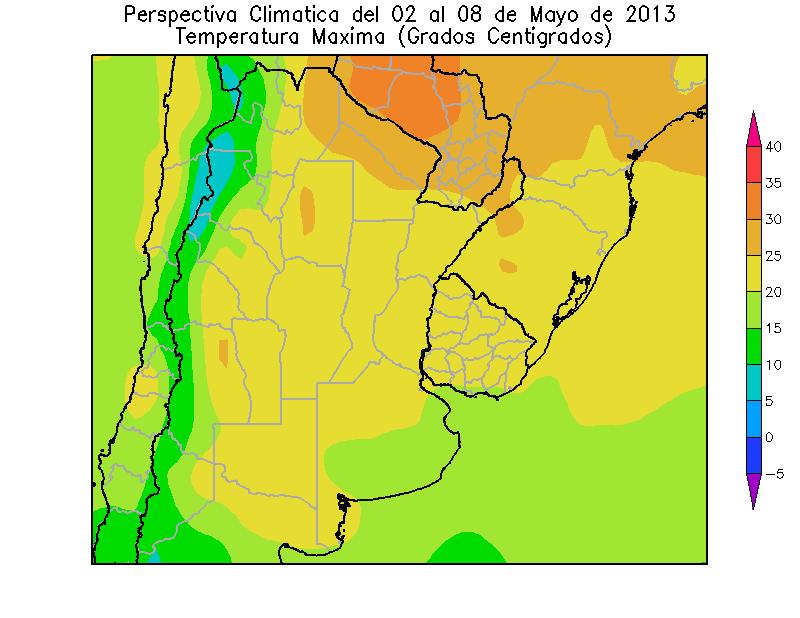 Al final de la segunda etapa de la perspectiva, los vientos rotarán hacia el sector norte, incrementando las temperaturas máximas: La mayor parte del Paraguay, el norte del sur del Brasil, el este de
