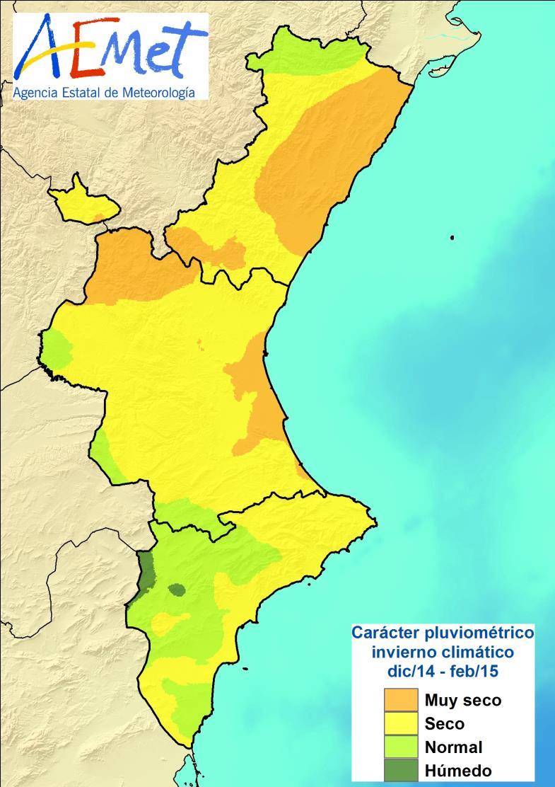 En gran parte del litoral de Castellón y Alicante y en el norte de la provincia de Valencia, el acumulado en el invierno fue inferior a 50 l/m 2.