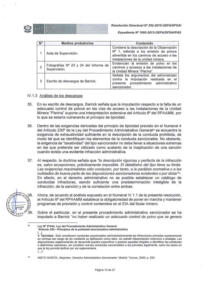 Resolución Directora/ N 302-2015-0EFAIDFSAI Expediente Nº 1093-2013-0EFAIDFSAI/PAS Nº Medios probatorios Contenido Contiene la descripción de la Observación 1 Acta de Supervisión.