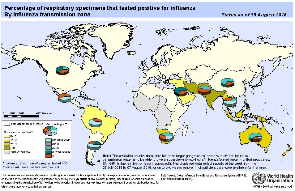 Situación Mundial Hasta Semana Epidemiológica 33 América del Norte: En general, la actividad de influenza y otros virus respiratorios continúa baja excepto en México, donde algunos estados han