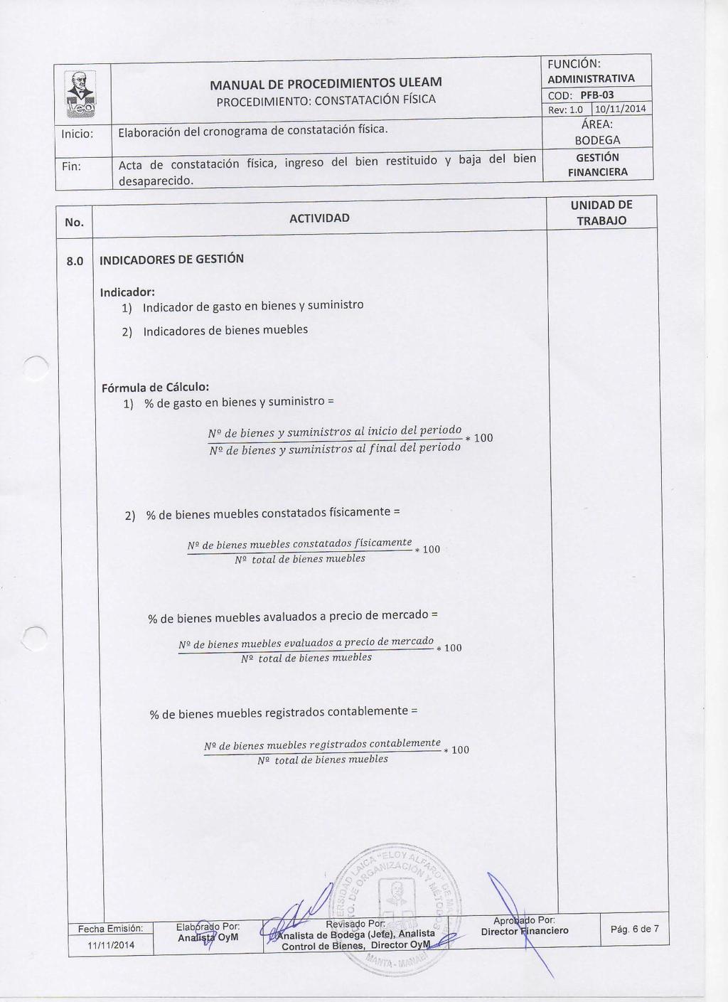 i FUNCION: PROCEDIMIENTO: CONSTATACION FISICA COD; PFB-03 Rev; 1.0 10/11/2014 8.