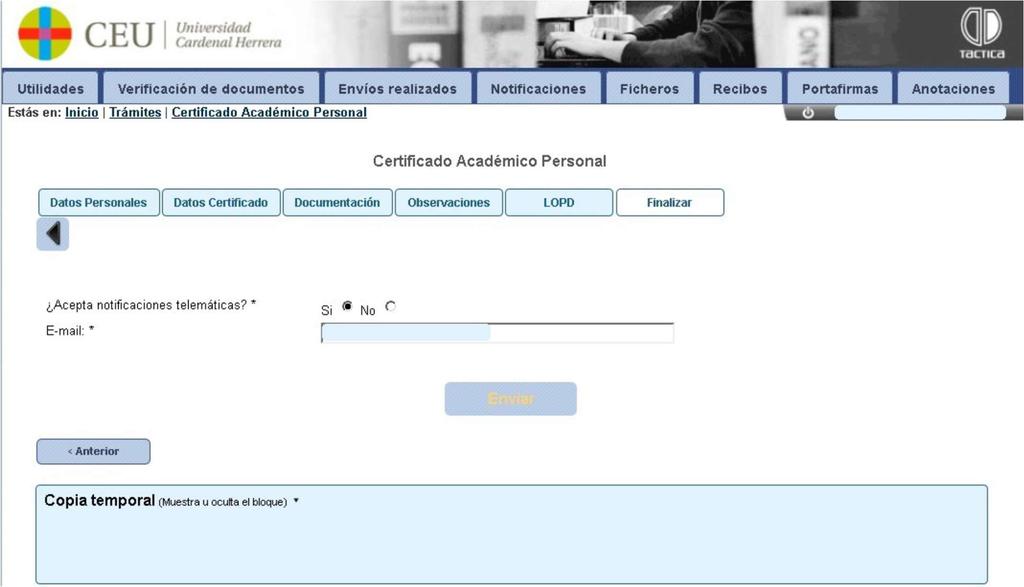Universidad CEU Cardenal Herrera 5 En la pantalla de Finalizar se te pregunta si aceptas notificaciones telemáticas.