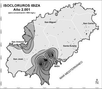 LA INTRUSIÓN MARINA EN LOS ACUÍFEROS COSTEROS DE LA ISLA DE IBIZA de 1,5 hm 3. Las extracciones por bombeos se estiman en 0,4 hm 3 /a. Finalmente, la unidad hidrogeológica de Ibiza (20.