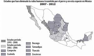 Casos de Rabia humana y en el Perros en México INDICADOR 2007 2008 2009 2010 2011 2012 Casos en humano 0 0 0 0 0 0 Tasa por 100,000 habitantes 0.000 0.