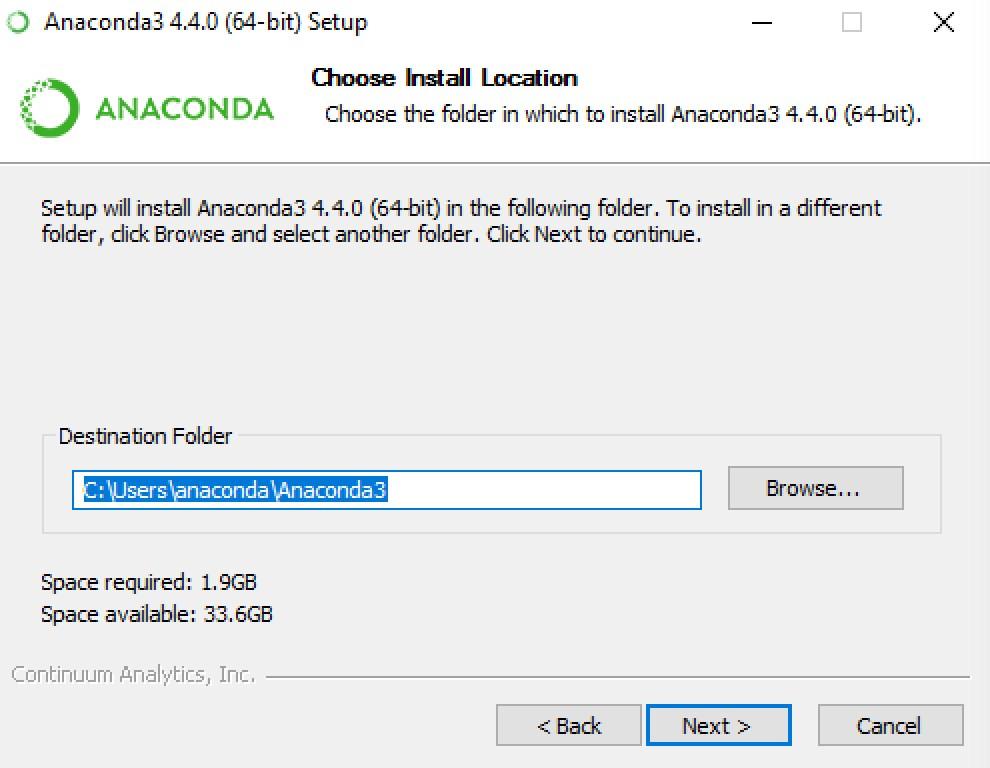 Figure 3 Select a destination folder to install Anaconda and click the Next button Choose whether to add Anaconda to your PATH environment variable.