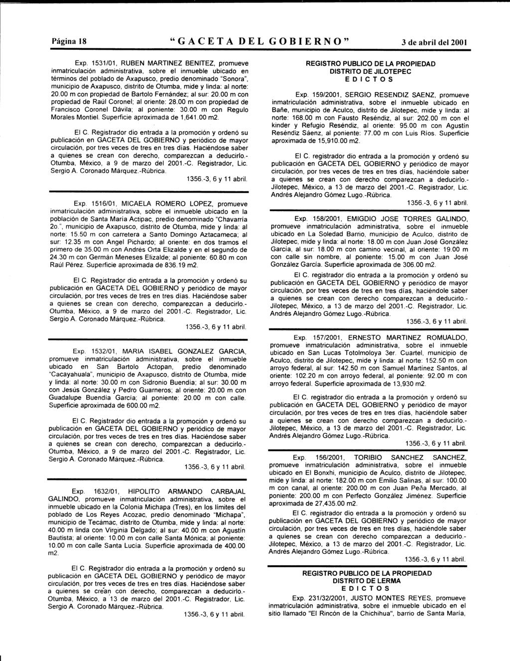 Página 18 "GACETA DEL GOBIERNO" 3 de abril del 2001 Exp.
