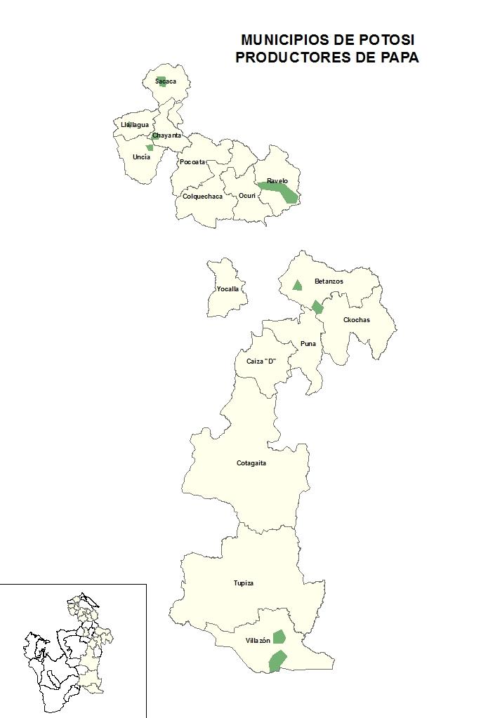 En el mapa 7, podemos observar la distribución espacial de la produccion de papa en los municipios del departamento de Potosí. 12.