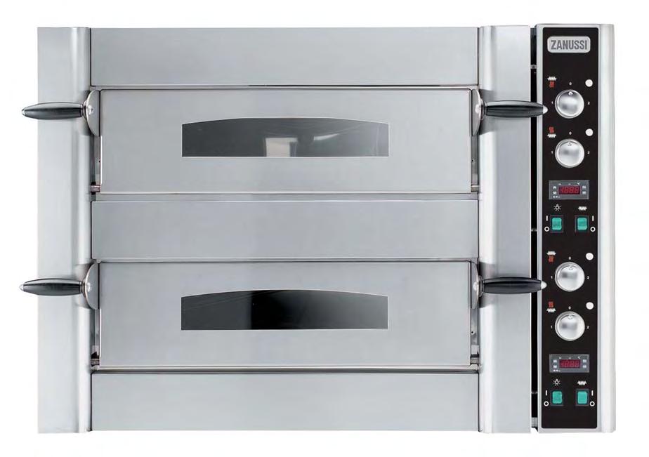 Zanussi Professional ofrece 8 modelos de hornos para pizzas mecánicos eléctricos con doble cámara, con una capacidad de 4, 6 ó 9 pizzas.