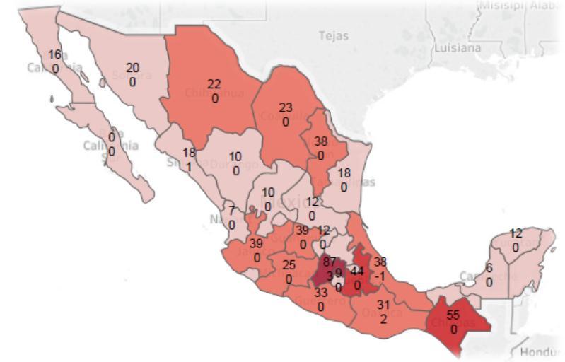Estado de México (112), Chiapas (58), Puebla (45), Veracruz (40) y Guanajuato (38). En conjunto suman el 38% de las defunciones registradas.