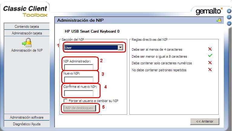 En el desplegable escollim User (pas 1). A NIP Administrador (pas 2) introduïm el PUK del nostre certificat.