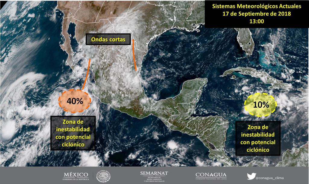 Los sistemas meteorológicos mencionados ocasionarán los siguientes potenciales de lluvia: Tormentas fuertes a puntuales muy fuertes (50 a 75 mm): Baja California Sur, Sonora, Sinaloa, Coahuila,