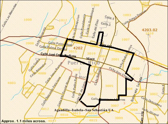 5. La Delimitación Esquemática (polígono amarillo) del centro urbano tradicional de Moca constituye cerca de un 40% de todo el Barrio Pueblo (polígono azul).