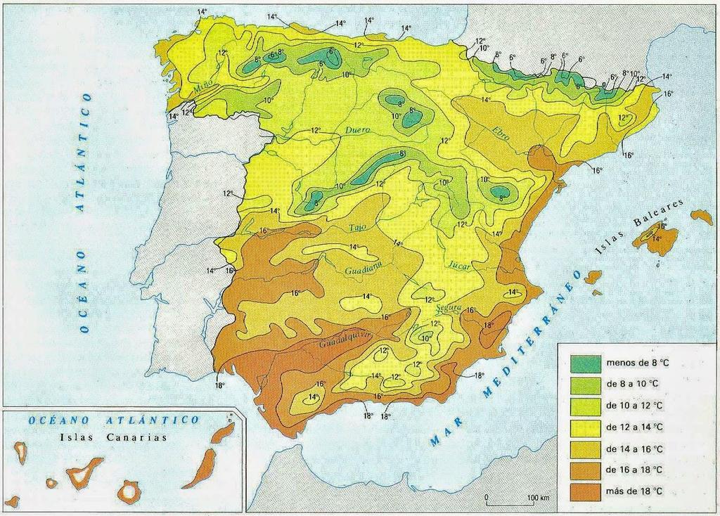 PRÁCTICA 10 - MAPA DE TEMPERATURAS MEDIAS ANUALES A continuación, se reproduce un mapa de España de temperaturas medias anuales.