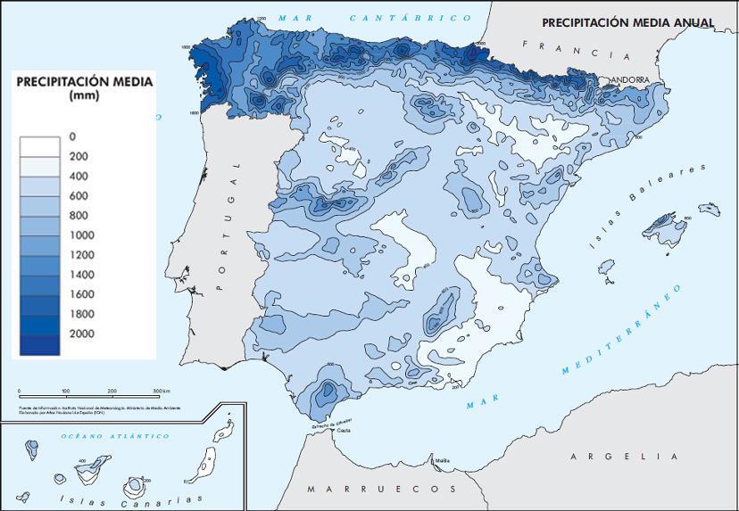 PRÁCTICA 11 - MAPA DE PRECIPITCIONES En el mapa siguiente se representa la precipitación media anual en España.