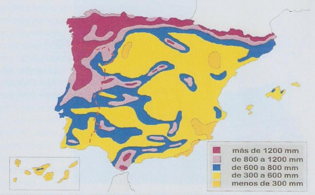 PRÁCTICA 12 - MAPA DE ISOYETAS El mapa representa la distribución de precipitaciones medias anuales en España.